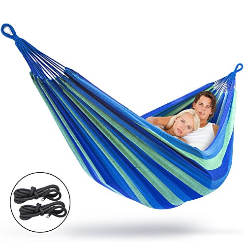 SorbusÂ Brazilian Double Hammock - Extra-Long Two Person Portable Hammock Bed for Any Indoor or Outdoor Spaces Green Blue Stripes - Hanging Rope and Carrying Pouch Included