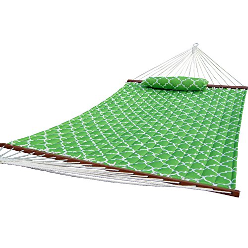 Sundale Outdoor Quilted Fabric Hammock With Poly Pillow Hardwood Spreader Bar 55&rdquo Double Size Apple Green Quatrefoil