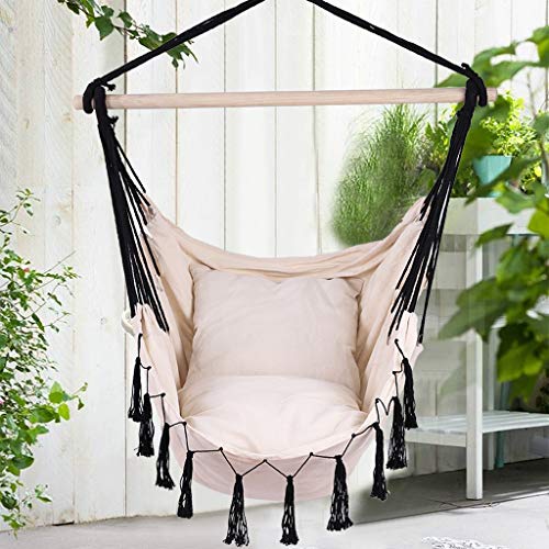 ASfairy Lazy Hammocks Hanging Rope Hammock Chair Swing Seat with Two Seat Cushions and Carrying Bag Soft Durable Cotton Canvas  for Bedroom Patio Porch Weight Capacity 300 Lbs
