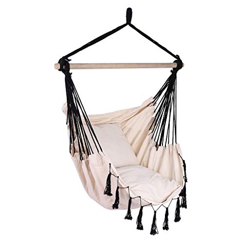 Auwish Hanging Bedroom Hammock Chair  Handmade Macrame Rope Swing Patio Chairs for Indoor Outdoor Home Deck Yard Garden Wide Seat Beige&Black