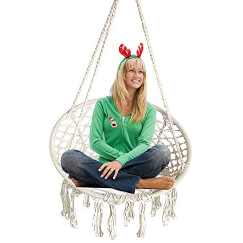 BHORMS Hanging Hammock Chair Macrame Swing White for Indoor Bedroom Outdoor Patio Porch Deck Garden Yard Reading Leisure Lounging-Max Capacity 265 Lbs