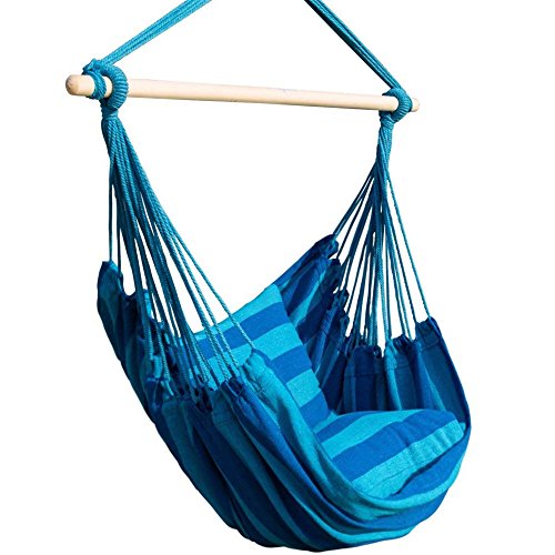 Bormart Hanging Rope Hammock Chair Large Cotton Weave Porch Swing Seat Comfortable and Durable Hanging Chair for Yard Bedroom Porch Indoor Outdoor - 2 Seat Cushions Included Blue