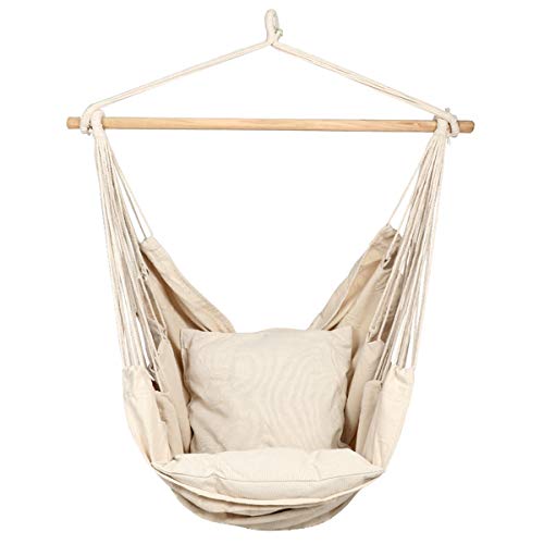 Caromy Hammock Chair Hanging Rope Swing Seat with Pillow and Carrying Bag Chair for Yard Bedroom Patio Garden Indoor Outdoor White