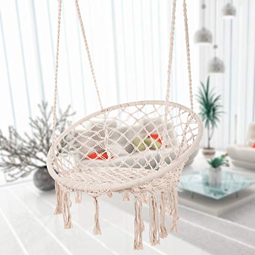 Caromy Hammock Chair Macrame Swing Hanging Lounge Mesh Chair Durable Cotton Rope Swing for Bedroom Patio Garden Deck Yard Max Capacity 265 Lbs Beige