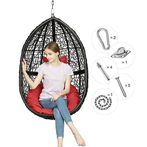 Greenstell Rattan Wicker Egg Hammock Chair with Hanging KitsWeather Fastness Hanging Chair with Comfortable Red Cushion and PillowBasket Swing Chair for IndoorOutdoor BedroomPatioGarden Black