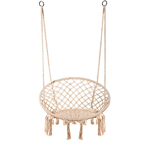 Karriw Hammock Chair Macrame SwingCotton Hanging Macrame Hammock Swing Chair Ideal for Indoor Outdoor HomeBedroom Patio Deck Yard Garden Beige