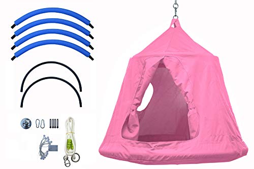 Outdoor Waterproof Backyard Play Center Hanging Tree House Camping Hammock Tent Indoor Bedroom Swing Chair with Lamp String for Accommodating 2 Children - Pink