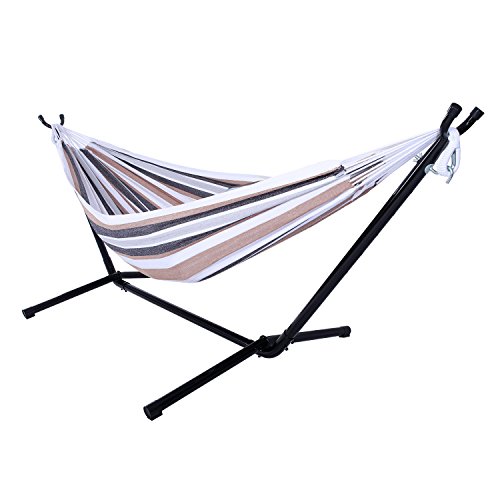 Hammock Set ALightUp Space Saving Two Person Patio and Lawn Portable Double Hammock with Steel Stand  Portable Carrying Bag Coffee Stripe Pattern