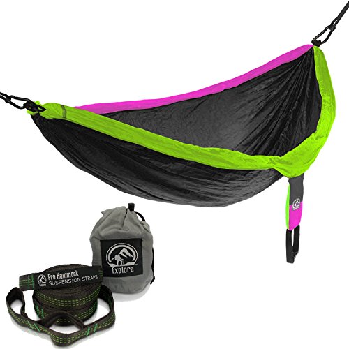 Insane Sale - Explore Outfitters Pro Nylon Double Hammock - Large - With Tree Straps - Best Portable Parachute