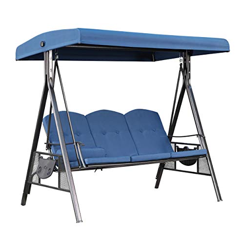 LOKATSE HOME 3 Person Patio Swing Outdoor Chair Set Porch Hammock Cushioned Bench Furniture with Adjustable Canopy 3 Seat-Blue