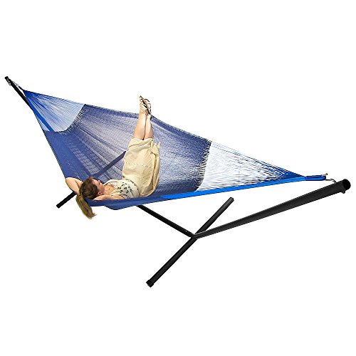 Sunnydaze Hand-Woven 2 Person Mayan Hammock with Stand Family Size Blue-400 Pound Capacity