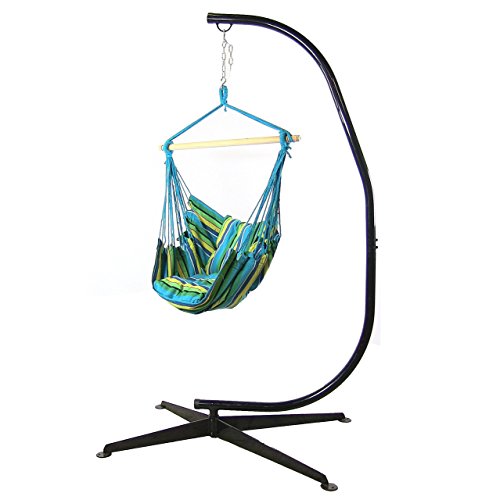 Sunnydaze Hanging Hammock Swing With Two Cushions And C-stand Combo Ocean Breeze