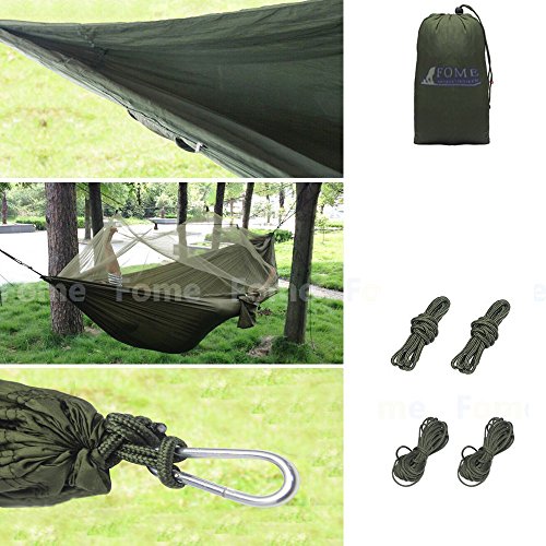 FOME Portable High Strength Parachute Fabric Hammock Hanging Bed With Mosquito Net For Outdoor Camping Travel Army Green  FOME Gift