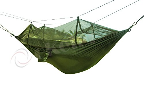 Okeler Portable Nylon Fabric Travel Camping Hammock For Double Two Person With Free Pen army Green With Mosquito