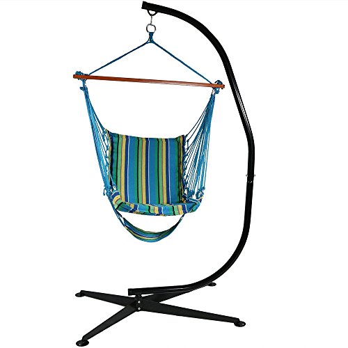 Sunnydaze Hanging Soft Cushioned Hammock Chair With Footrest And C-stand Ocean Breeze 26 Inch Wide Seat