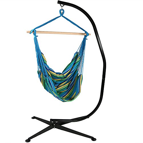 Sunnydaze Jumbo Hanging Chair Hammock Swing And C-stand Ocean Breeze 44 Inch Wide Seat