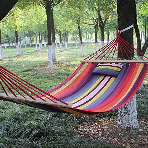 King Do Way Fabric Hammock Double Size With Pillow Wood Spreader Bar Heavy Duty Polyester Ropes Red