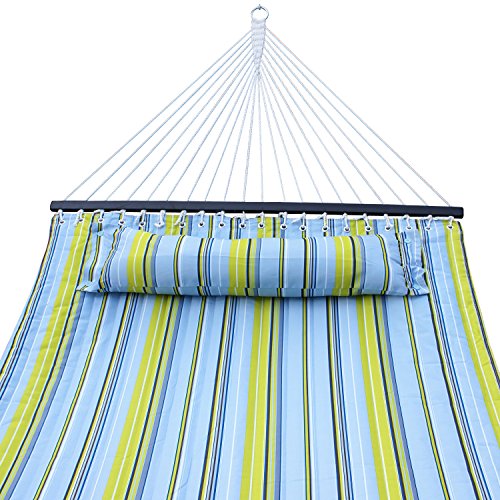 F2c&reg Hammock Quilted Fabric Double Size Spreader Bar Heavy Duty Stylish Swing Bed W Pillow Outdoor Campingblue