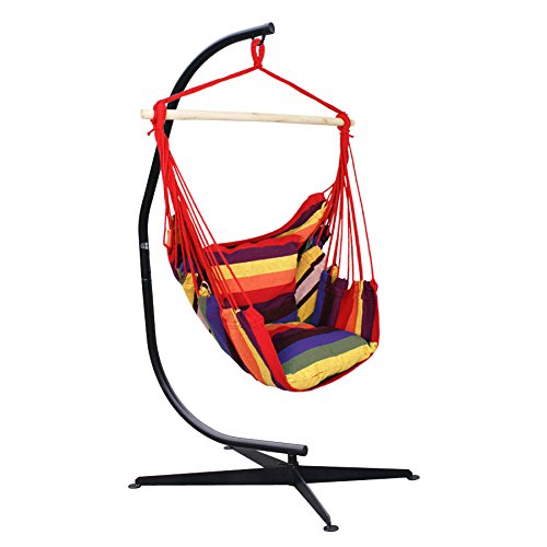 Super Deal Double Hammock Hanging Rope Chair Lounger Porch Swing Seat Steel C Frame Stand Set2