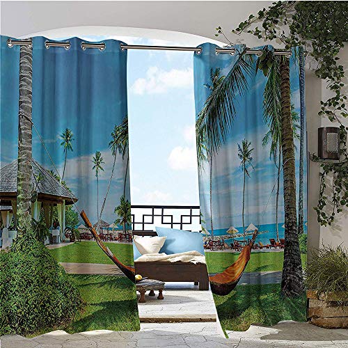1GShophome Beach Hammock Decor Collection Curtains for Living Room Hammock Between Palm Trees Honeymoon Holiday Resort Picture Patio Curtain Green Blue Mustard W120 x L108 in