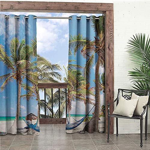 1GShophome Beach Hammock Decor Collection Curtains for Living Room Hammock and Palm Trees Sand Sunny Beach Scenery Pattern Tents for patios Green Blue Ivory W104 x L84 in