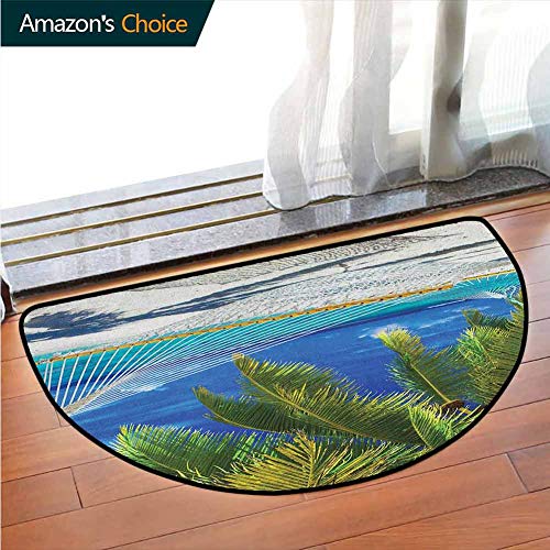 Beach Semicircular Carpet Bedroom Room Hammock on the Sandy Beach between Palm Coconut Overlooking Sea Nature Art Absorbent Floor Mats Non-Slip Mat W472 x R236 Inches Cream Navy Green