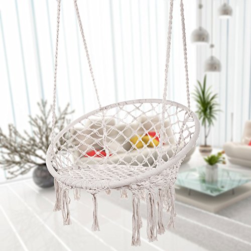 Caromy Hammock Chair Macrame Swing Hanging Lounge Mesh Chair Durable Cotton Rope Swing for Bedroom Patio Garden Deck Yard Max Capacity 265 Lbs White