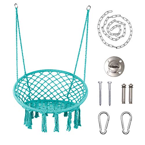 LAZZO Round Hammock Chair with Hanging kit Hanging Knitted Mesh Cotton Rope Macrame Swing 260 Pounds Capacity 236 Seat Widthfor Bedroom Outdoors Garden Patio Yard Child Girl Adult Blue