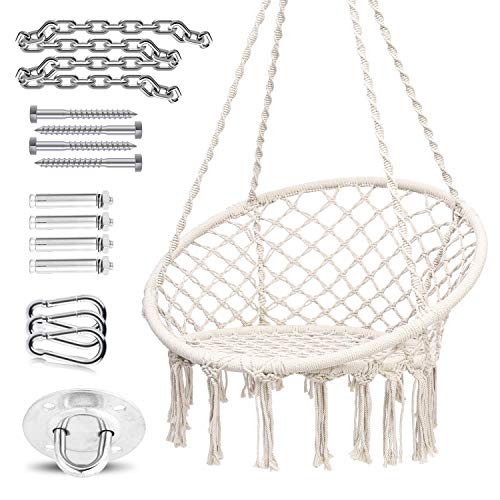 Ohuhu Hammock Chair Hanging Chair Swing with Heavy Duty Hanging Hardware Kit Indoor Macrame Swing Chairs 100 Cotton Rope for Bedrooms Idea Gifts for Xmas Christmas Cushion Not Included