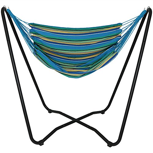 Sunnydaze Hanging Rope Hammock Chair Swing with Space Saving Stand Ocean Breeze - for Indoor or Outdoor Patio Yard Porch and Bedroom