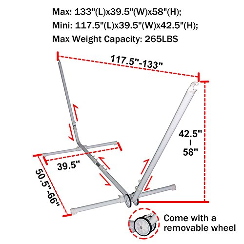 265lbs Weight Capacity Wheel Included White Steel Two Point Portable Hammock Stand Only 75ft-11ft Size  133