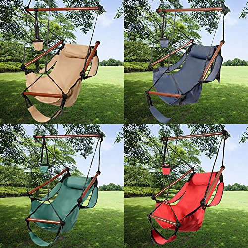 Outdoor Indoor Hammock Swing Hanging Chair Hanging Rope Chair with Pillow Arm Arrest Footrest and Drink Holder for Patio Furniture Camping Travel Porch Lounge Chair Brown
