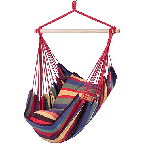Sundale Outdoor Canvas Hanging Hammock Swing Chair Seat with Wood Spreader Bar and 2 Cushions Tropical Stripe