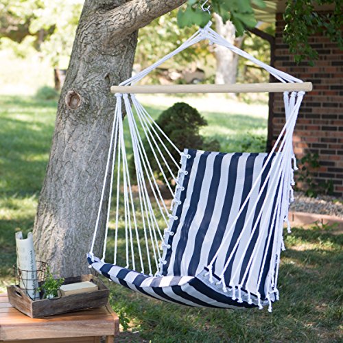The Ultimate Padded Mesh Hanging Chair  Hammock - Navy Stripes With Durable Wood Spreader Bar And Hanging Ring
