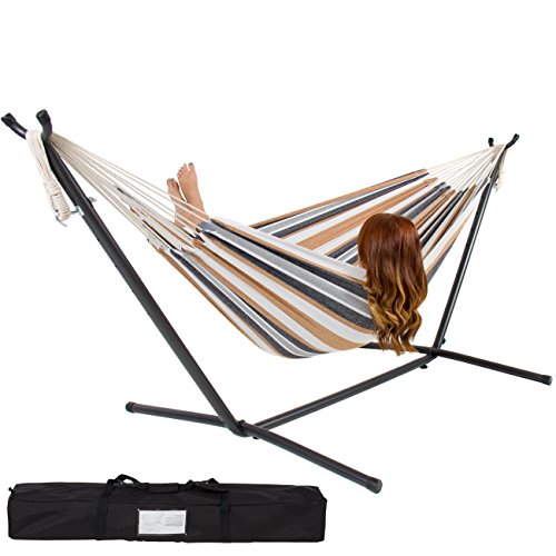 Best Choice Products Double Hammock With Space Saving Steel Stand Includes Portable Carrying Case Desert Stripe