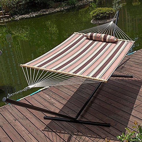 LazyDaze Hammocks 15 Feet Heavy Duty Steel Hammock Stand  Two Person Quilted Fabric Hammock And Pillow ComboBrown Stripe