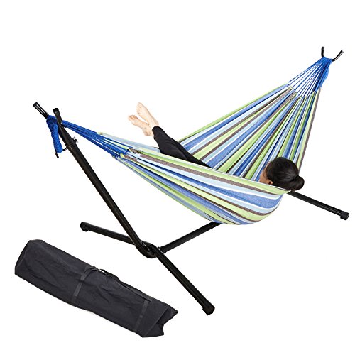 Pinty 76&quot X 57&quot Cotton Hammock With Steel Standamp Portable Carrying Bag Up To 450lbs blue&ampgreen