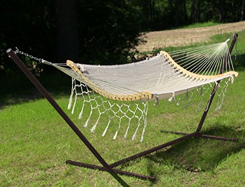 Sunnydaze Thick Cord Woven Single Person Mayan Hammock With Curved Spreader Bars And 15 Foot Stand, Natural, 350