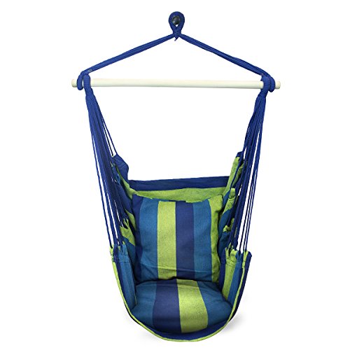 Sorbus Blue Hanging Rope Hammock Chair Swing Seat For Any Indoor Or Outdoor Spaces- Max 265 Lbs -2 Seat Cushions