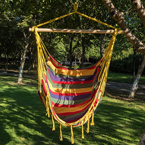 Toucan Outdoor Canvas Hanging Hammock Swing Chair Seat with Wood Spreader Bar and FringeBlue and Red