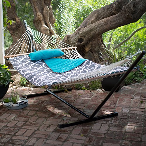 Best Selling Family Two Person Lightweight Portable Steel Frame 11-Foot Cotton Rope Hammock With Stand- Beautiful Outdoor Rest Relaxation Station- Padded With Pillow Drink iPad Holder Super soft Nice