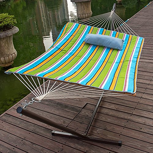 LazyDaze Hammocks 12 Feet Steel Hammock Stand with Cotton Rope Hammock Combo Quilted Polyester Hammock Pad and Pillow Lofton Stripe Opal