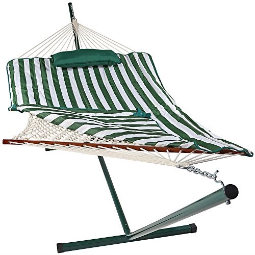 Sunnydaze Green And White Stripe Cotton Rope Hammock With 12 Foot Steel Stand Pad And Pillow&mdash350 Pound Capacity