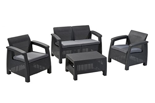 Keter Corfu 4 Piece Set All Weather Outdoor Patio Garden Furniture w Cushions Charcoal