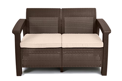 Keter Corfu Love Seat All Weather Outdoor Patio Garden Furniture W/ Cushions, Brown