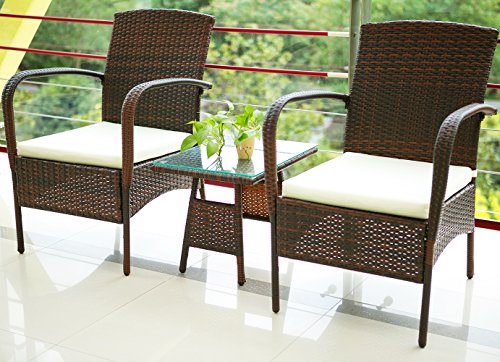 Merax 3 Piece Cushioned Patio PE Rattan Furniture Set Outdoor Garden Wicker Set with Beige Cushions Brown