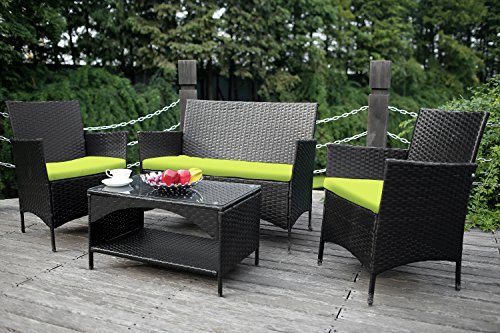 Merax Outdoor Garden Furniture Set 4 Piece Patio PE Rattan Cushioned Sofa Set LoveSeat and Chair Sofa Furniture Seat Green Cushion