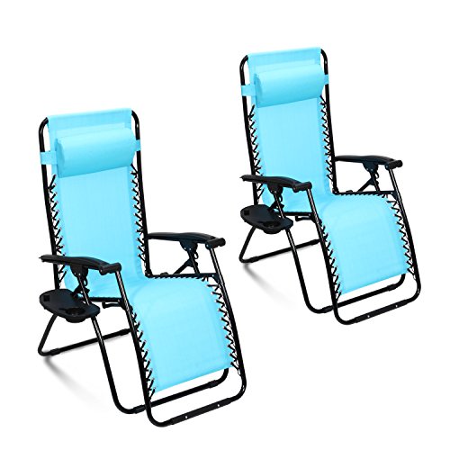 Ollieroo 2-Pack Blue Zero Gravity Lounge Chair with Pillow and Utility Tray Adjustable Folding Recliner Outdoor Patio Chair