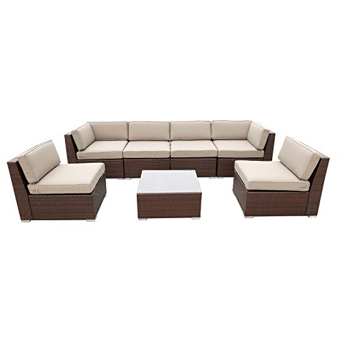 CASUN GARDEN 7-Piece Outdoor Wicker Furniture Sectional Sofa Set with Solution Cushions Beige