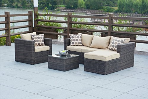Direct Wicker 4 Piece Outdoor Patio Garden Furniture Wicker Rattan Sectional Sofa Set-BrownBeige cushion